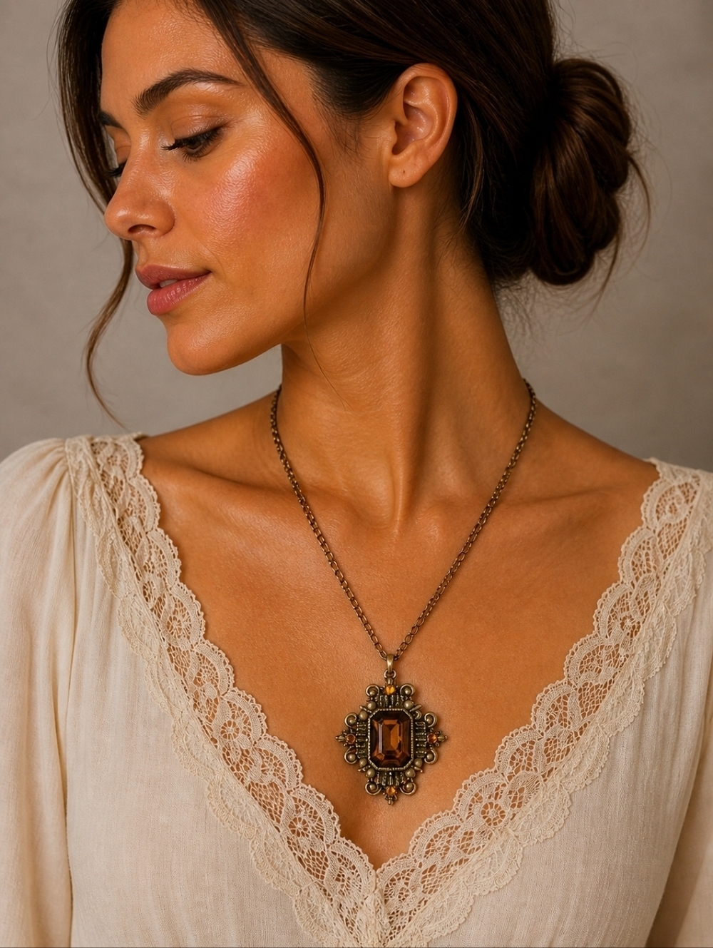 Vintage Edwardian Amber Glass Pendant Necklace FLAWED